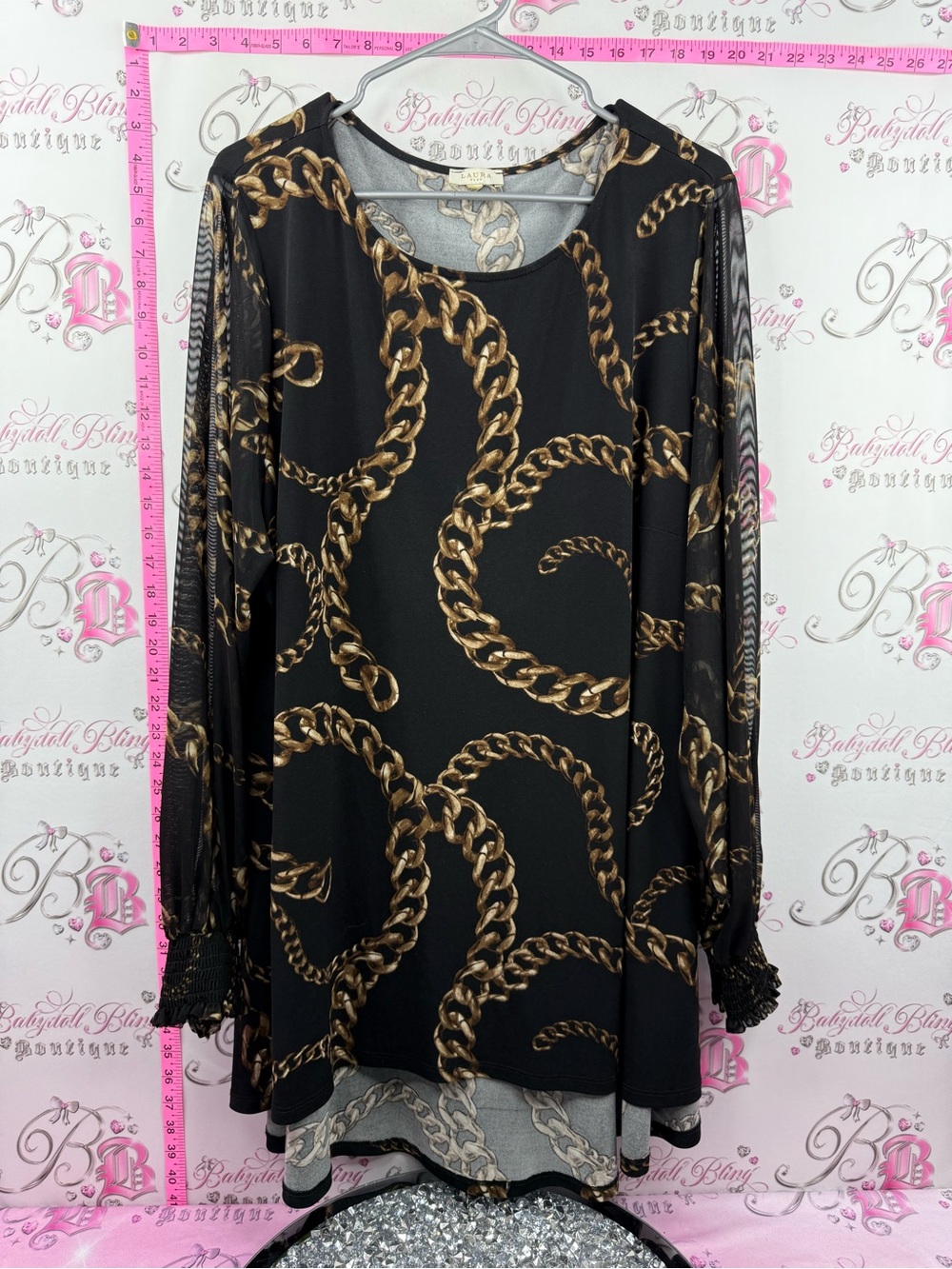 Laura blouse sheer detail sleeve Black Long-Sleeve Tunic with Gold Chain Print